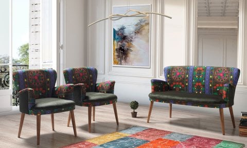 Etnik Desen Yeşil 2+1+1 Çay Seti (Balkon, Salon, Ofis, Cafe)
