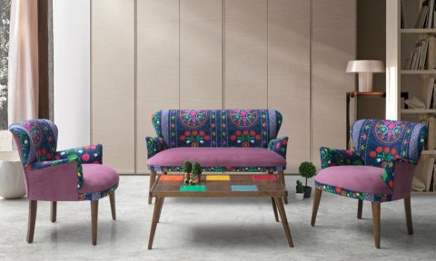 Etnik Desen Mor Çay Seti İkili Koltuk (Balkon, Salon, Cafe, Ofis)