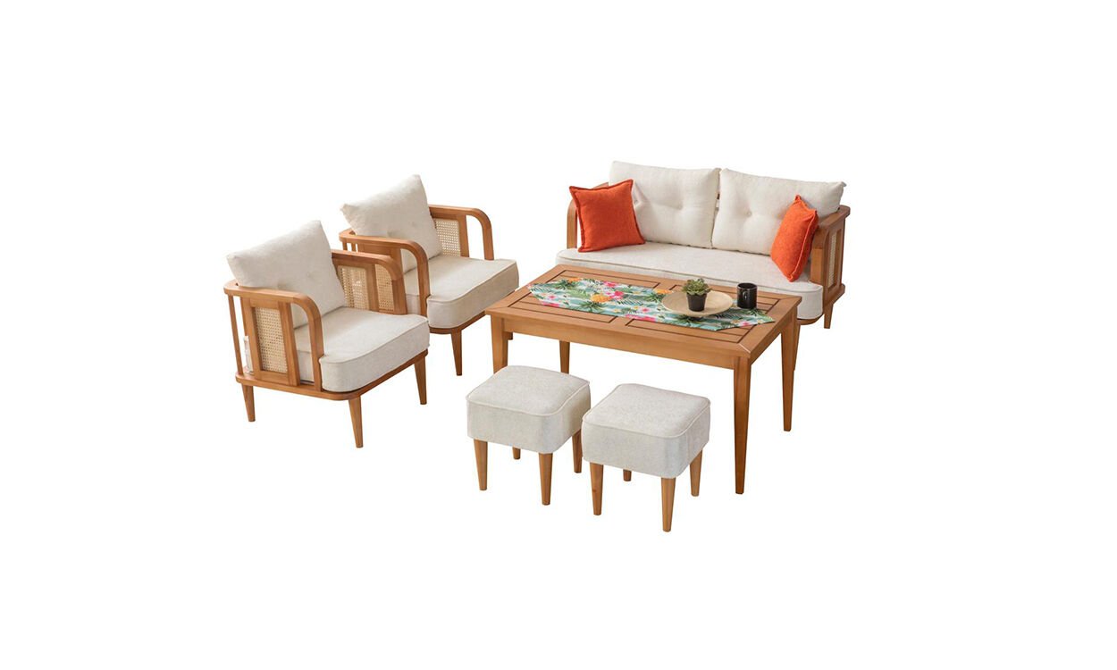 Flora Bahçe Mobilyası (Salon, Balkon, Cafe, Ofis) 2+1+1+Masa+2 Puf