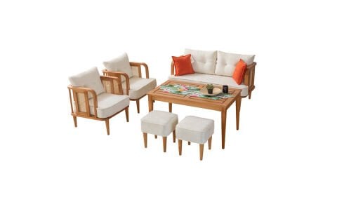 Flora Bahçe Mobilyası (Salon, Balkon, Cafe, Ofis) 2+1+1+Masa+2 Puf