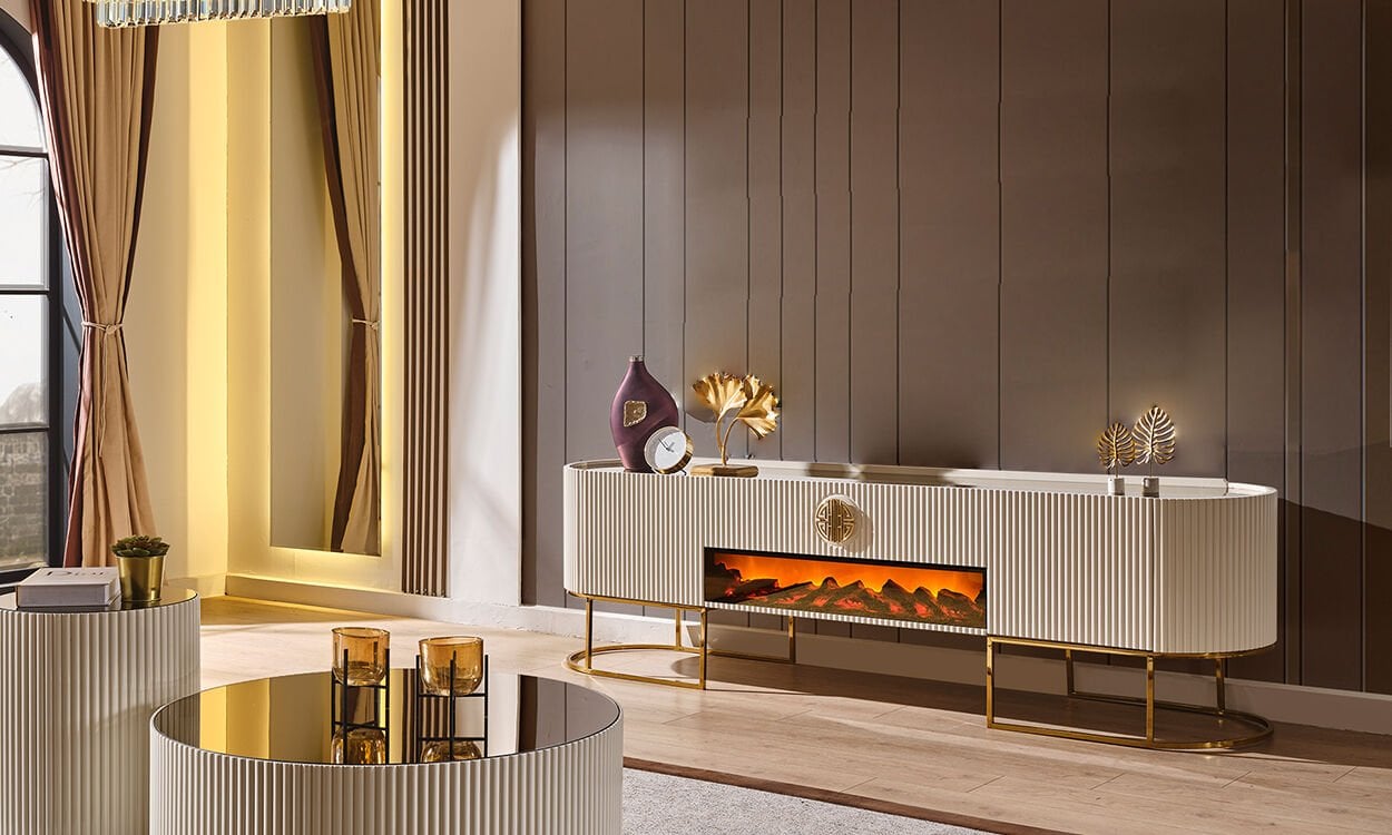 Guccix Ekru Şömineli Tv Sehpası