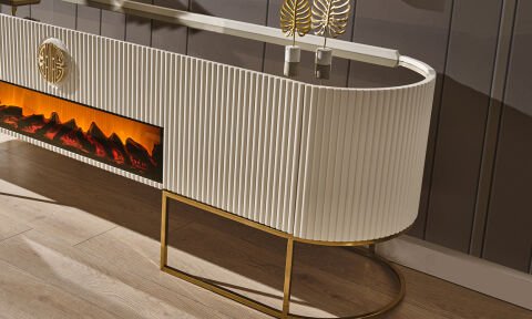 Guccix Ekru Şömineli Tv Sehpası