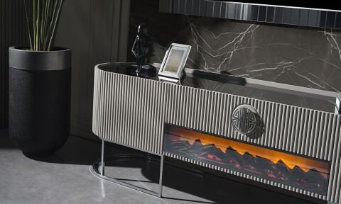 Guccix Gray Şömineli Tv Sehpası