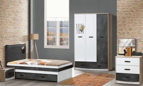 Trend Genç Odası Takımı (3 Kapılı Dolap, Komodin, 100*200 cm Başlıklı Yavrulu Karyola)
