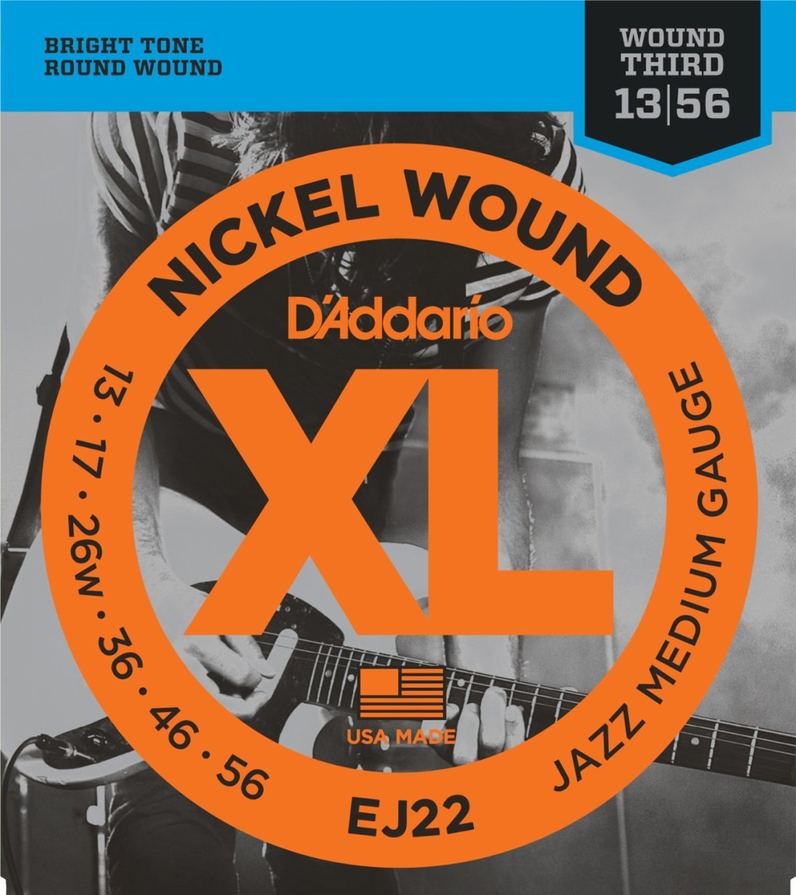 DADDARIO EJ22 ELEKTRO GİTAR TEL SETİ, XL, NICKEL WOUND, JAZZ LIGHT GAUGE, 13-56, 3RD WOUND, BRIGHT TONE - ROUND WOUND