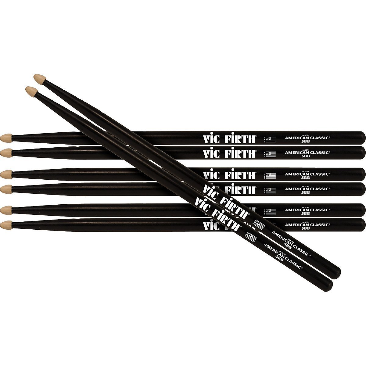 VICFIRTH BAGET (3+1 ÇİFT), 5BB WOOD BLACK PAINTED (AĞAÇ SİYAH BOYALI), HICKORY, 16''x0.595'', MEDIUM TAPER, TIP: WOOD (AĞAÇ) /TEAR DROP (DAMLA), SURFACE: MEDIUM/PAINT BLACK