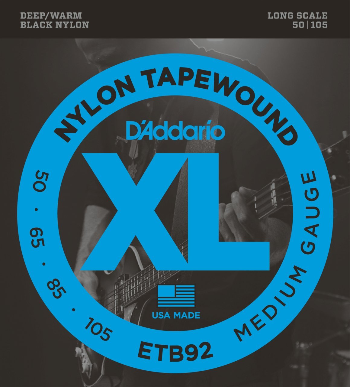 DADDARIO ETB92 BAS GİTAR TEL SETİ, XL SERİSİ, NYLON TAPEWOUND, BLACK NYLON, MEDIUM GAUGE, 50-105, LONG SCALE