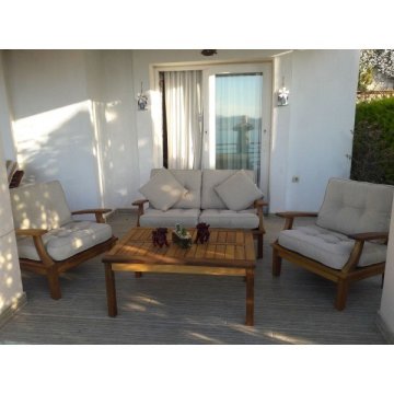 Mevsim İroko Teak Ağacı Bahçe Balkon Takımı 2-1-1-Sehpa-Minderli
