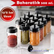 MAGEV 12'li Kaşıklı Baharatlık Seti - Uzun Boy 500 ml. - Etiketli Baharat Takımı