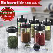 MAGEV 6'lı Baharatlık Seti - Uzun Boy 500 ml. - Etiketli, Kaşıklı Baharat Takımı