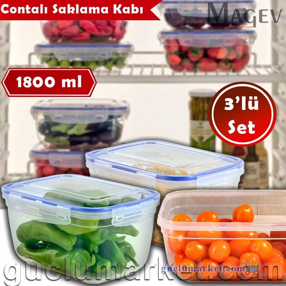 3'lü Saklama Kabı Seti Dikdörtgen - 1800 ml. Contalı Buzdolabı Düzenleyici