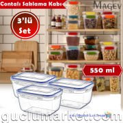 3'lü Contalı Saklama Kabı Seti - 550 ml. Dikdörtgen Buzdolabı Düzenleyici