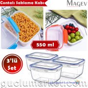 3'lü Contalı Saklama Kabı Seti - 550 ml. Dikdörtgen Buzdolabı Düzenleyici