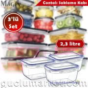 3'lü Contalı Saklama Kabı Seti - 2300 ml. Dikdörtgen Buzdolabı Düzenleyici