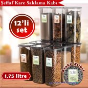 12'li Şeffaf Saklama Kabı Seti - Renkli Etiketli Kare Bakliyat Organizeri 1,75 Litre