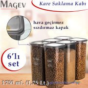 6'lı Şeffaf Saklama Kabı Seti - Şeffaf Etiketli Kare Bakliyat Organizeri 1,75 Litre