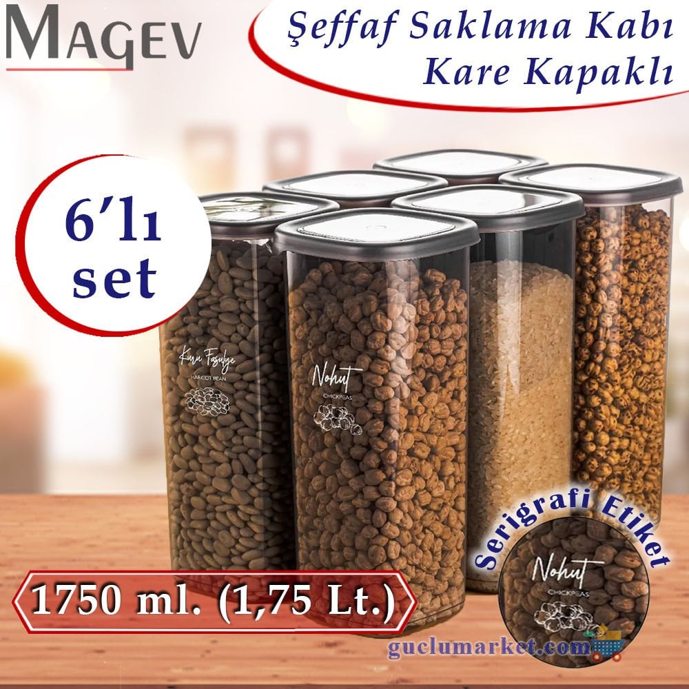 6'lı Şeffaf Saklama Kabı Seti - Şeffaf Etiketli Kare Bakliyat Organizeri 1,75 Litre