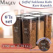 6'lı Şeffaf Saklama Kabı Seti - Şeffaf Etiketli Kare Bakliyat Organizeri 1,75 Litre