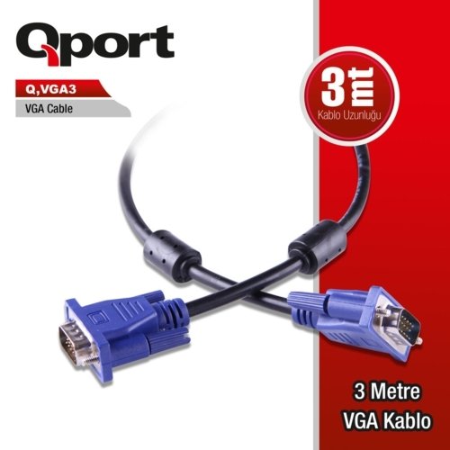 Qport Q-Vga3 15 Pin Fitreli 3 Metre Vga Kablo