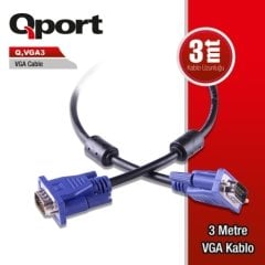 Qport Q-Vga3 15 Pin Fitreli 3 Metre Vga Kablo