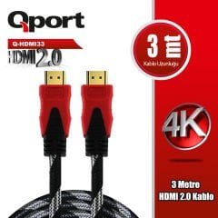 QPORT Q-HDMI33 3 METRE 2.0V 4K  ALTIN UÇLU ÖRGÜLÜ KABLO
