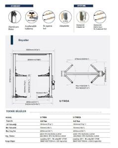 UNITE U-T40EA 2 Sütunlu Üstten Bağlantı Oto Kilitli Lift 380V (TEK SUTUN)