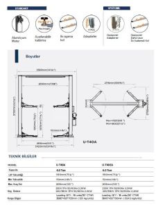 UNITE U-T40EA 2 Sütunlu Üstten Bağlantı Oto Kilitli Lift 380V (TEK SUTUN)