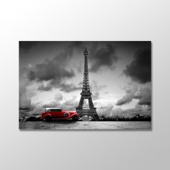 Eyfel Kulesi, Paris, Fransa Ve Kırmızı Retro Otomobilin Sanatsal Görüntüsü Kanvas Tablo