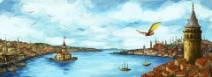 Hezarfen Ahmed Celebi ile Eski İstanbul Manzarası Panoramik Kanvas Tablo