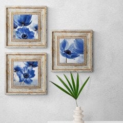 3 Parça Mavi Çiçekler  Ahşap Çerçeveli Tablo Seti