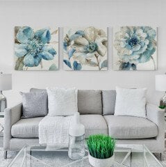 3 Parça Mavi Çiçekler Dekoratif Kanvas Tablo