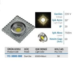 YCL 5+3W.COB LEDLİ CAM SPOT 6500K+MAVİ