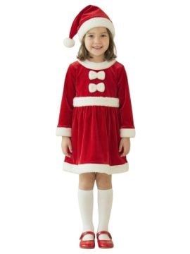 Kadife Kumaş Fiyonklu Noel Anne Kostümü