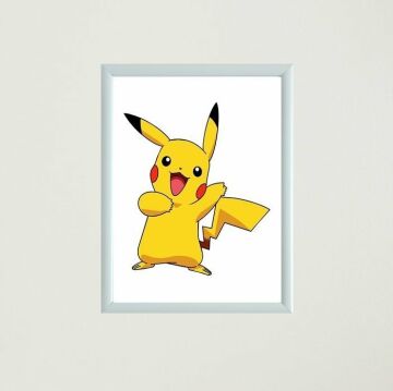 Gülen Surat Pikachu Çerçeveli Poster Tablo Beyaz - 33 x 43 cm