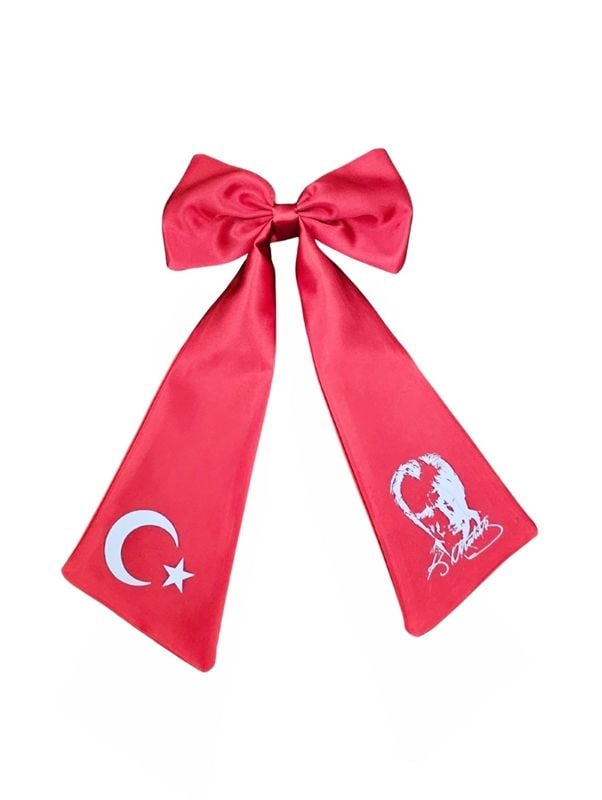 Ay Yıldız Atatürk Baskılı Fiyonklu Kırmızı Saç Tokası