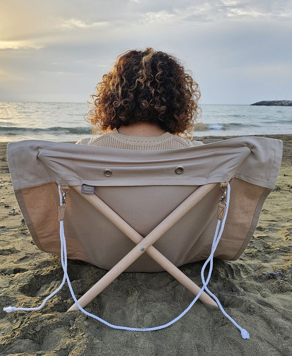Askılı Katlanabilir Portatif Şezlong Bej Rengi | Sırt Dayanaklı Katlanabilir Plaj ve Piknik Örtüsü