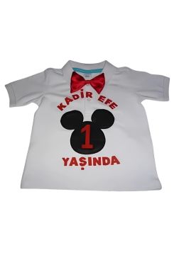 Mickey Mouse Keçe Aplikeli Doğum Günü Temalı Lakos Tişört
