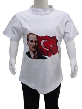 Ay Yıldızlı Atatürk Baskılı Beyaz Tişört