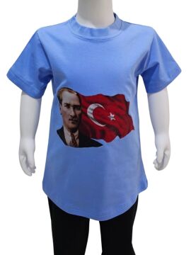 Ay Yıldızlı Atatürk Baskılı Mavi Tişört