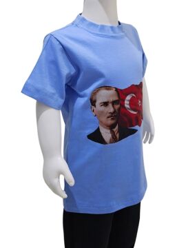 Ay Yıldızlı Atatürk Baskılı Mavi Tişört