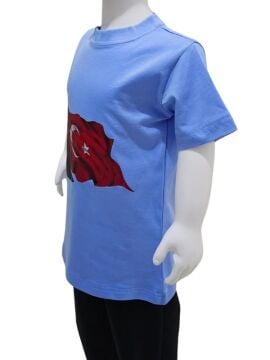 Ay Yıldızlı Atatürk Baskılı Mavi Tişört