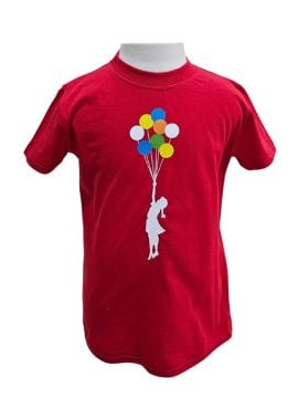 Çocuk ve Balonlar Temalı Kırmızı Tişört