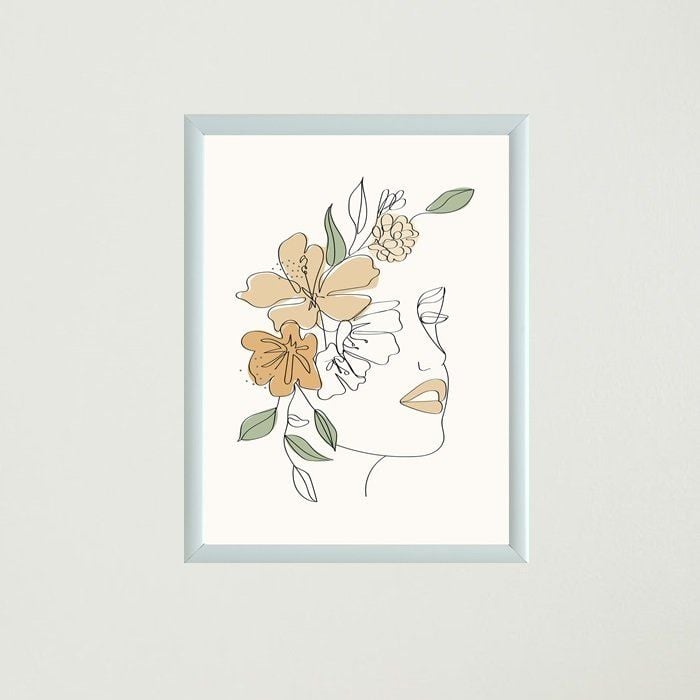 Çiçekli Kadın Silüet Çizim Çerçeveli Poster Tablo T1339