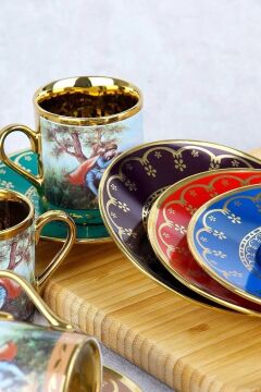 ACAR Barok Figürlü Renkli Gold 6 Kişilik Porselen Kahve Fincan Takımı