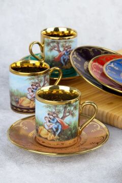 ACAR Barok Figürlü Renkli Gold 6 Kişilik Porselen Kahve Fincan Takımı