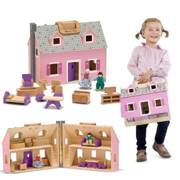 Melissa&Doug Ahşap Taşınabilir Küçük Mobilyalı Bebek Evi