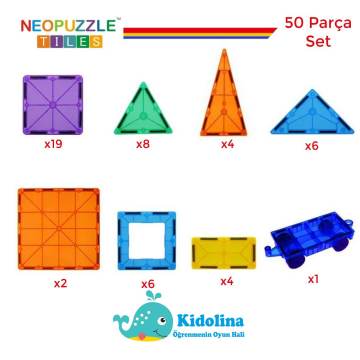 NeoPuzzle Tiles Mıknatıslı STEM Oyuncağı 50 Parça Temel Set