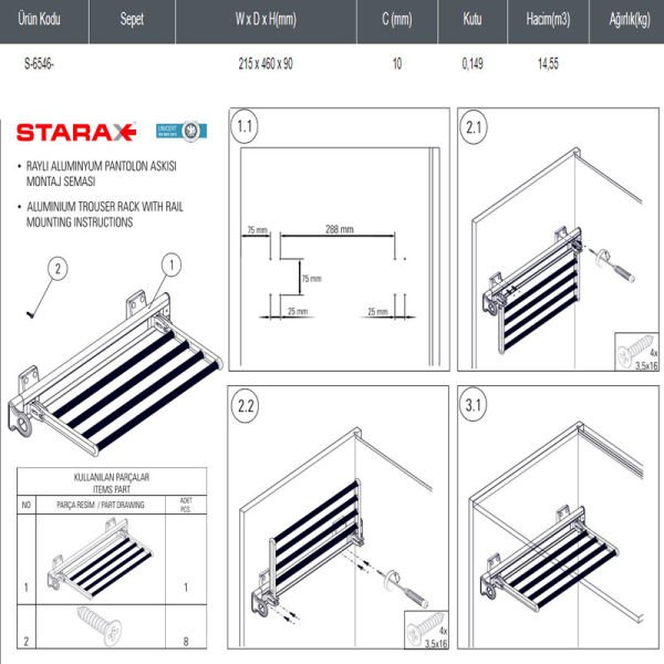 S-6546-G Raylı Alüm. Pantolon Askılı Kravatlık