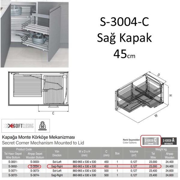 S-3004-C Kör Köşe Ahşap Frenli (Sağ Kapak)