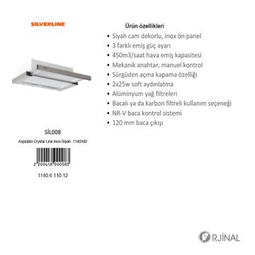 Aspiratör Crystal Line Inox-Siyah  1140X60